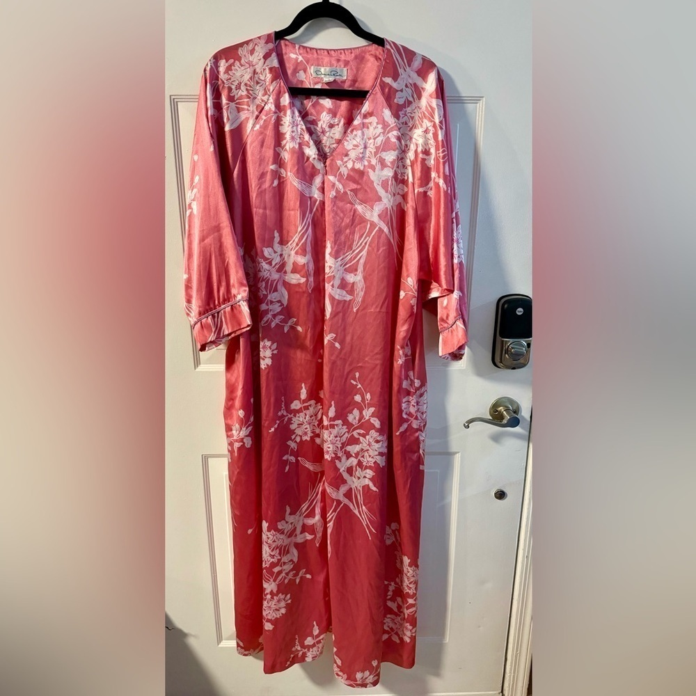 Oscar de la Renta Pink Floral Zip Front Long Nightgown Lounge Dress Kaftan 1X - Picture 2 of 15